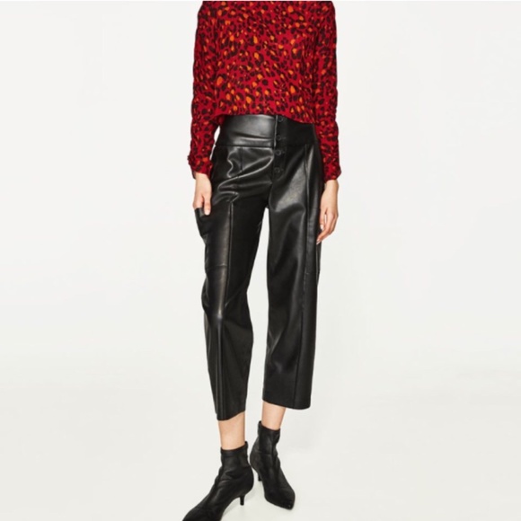 ZARA faux leather black palazzo trousers cropped - Picture 3 of 5